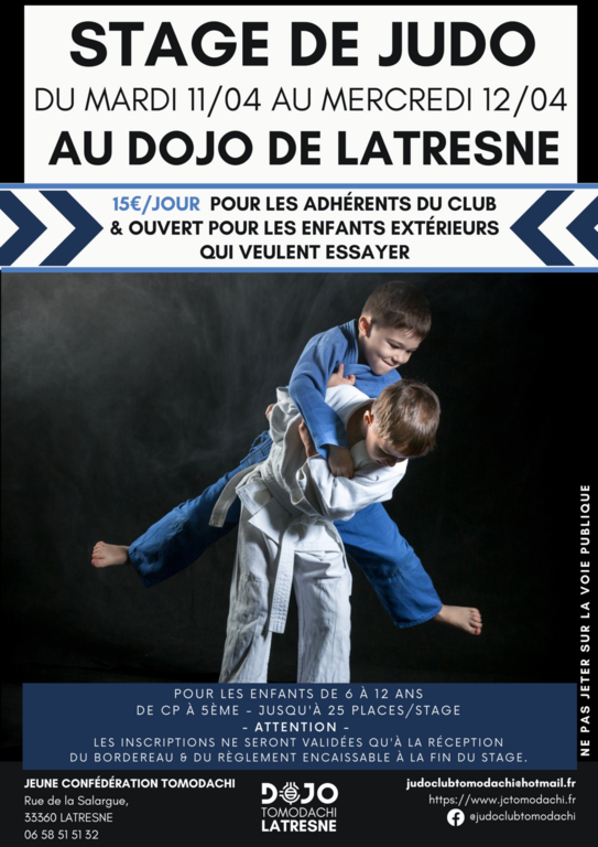 Stage Judo du Mardi 11 Avril au Mercredi 12 Avril 2023
